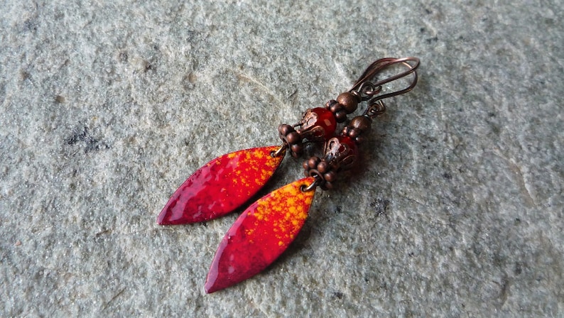 Copper earrings Artisan earrings Hindu earrings Bohemian earrings Ethnic earrings Red enamel earrings