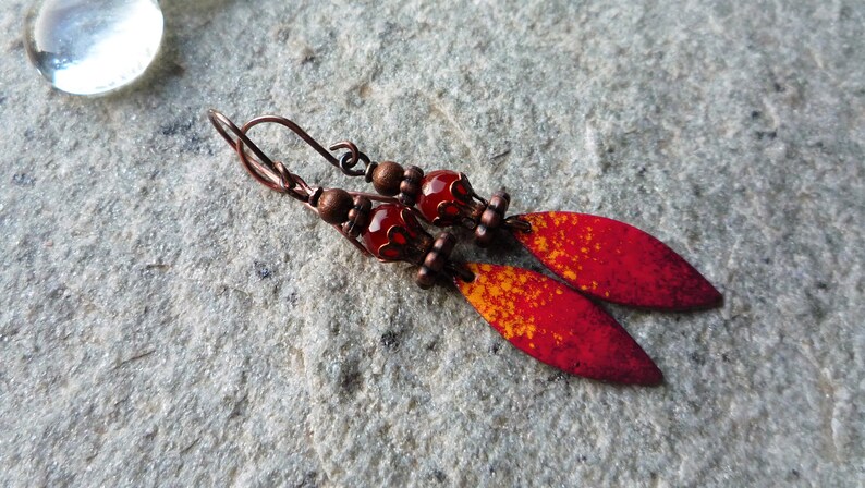 Copper earrings Artisan earrings Hindu earrings Bohemian earrings Ethnic earrings Red enamel earrings