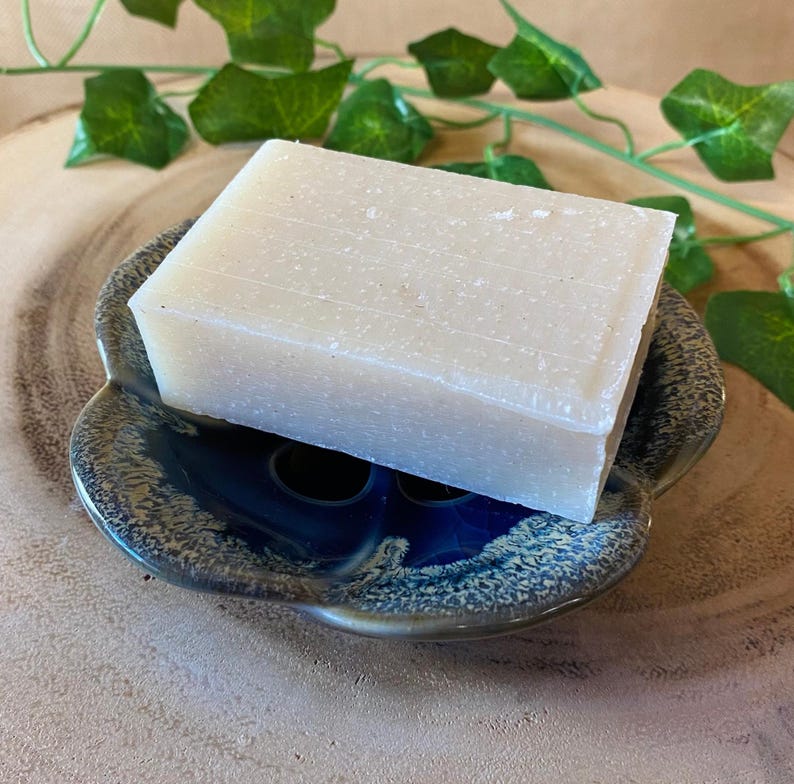 May include: A rectangular bar of off-white soap rests on a blue and brown ceramic soap dish. The soap dish has a unique, organic shape with a glossy finish. Green leaves are visible in the background, adding a natural touch.