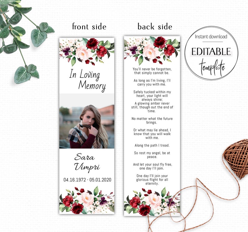 Burgundy Funeral Bookmark Editable and Printable Obituary | Etsy