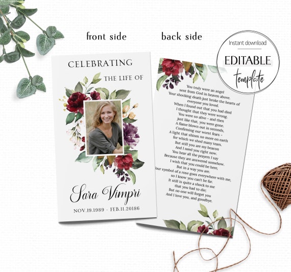 Editable Funeral Prayer Card Template Celebration Of Life Catholic Mass Card Printable Obituary Card Burgundy Memorial Prayer Card F9 By Aoleta Printable Art Catch My Party