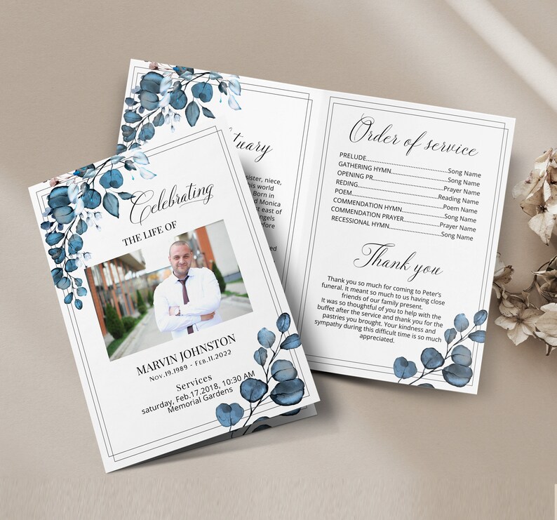 Blue Funeral Program Template Order of Service Printable Etsy