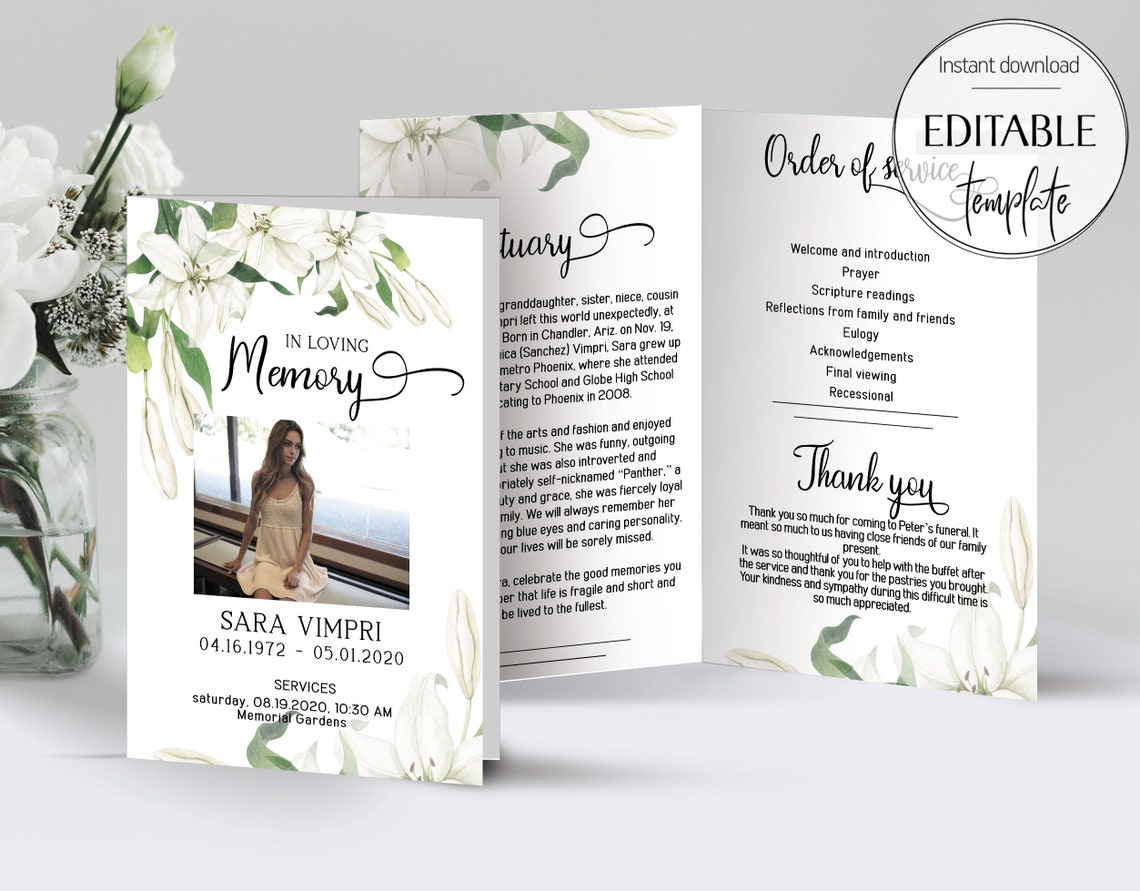 White Floral Funeral Program Template Lily Funeral Memorial Etsy