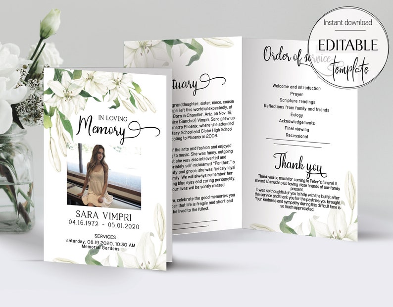 White Floral Funeral Program Template Lily Funeral Memorial Etsy