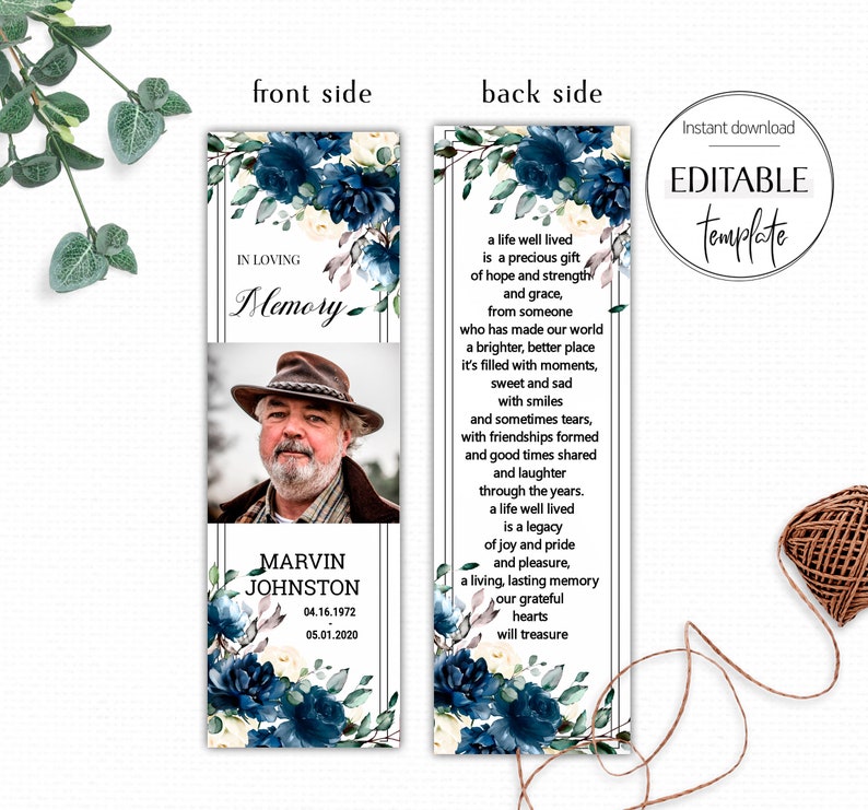 template funeral bookmark for men editable bookmark
