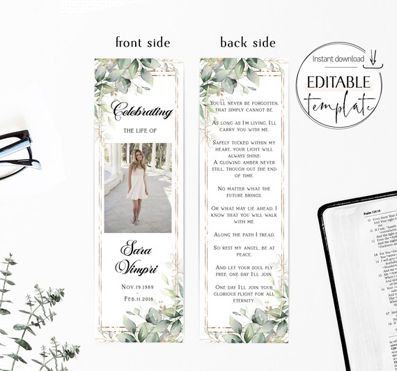 printable funeral bookmark editable bookmark funeral bookmark