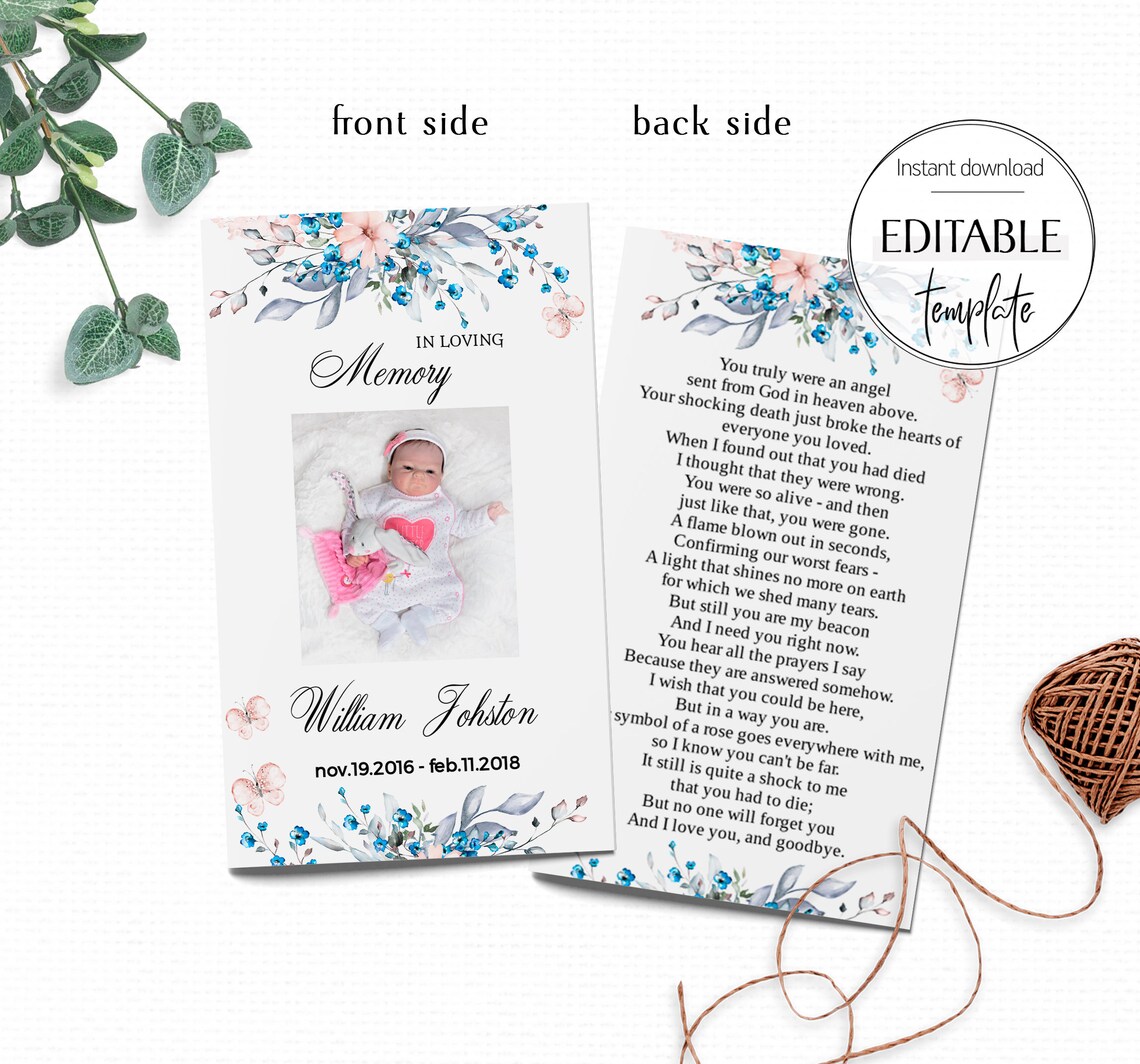 Baby or Child Memorial Card Prayer Card Template Blue Etsy