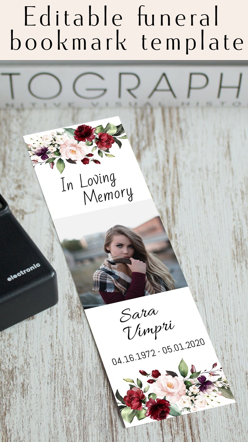 Burgundy Funeral Bookmark Editable and Printable Obituary | Etsy