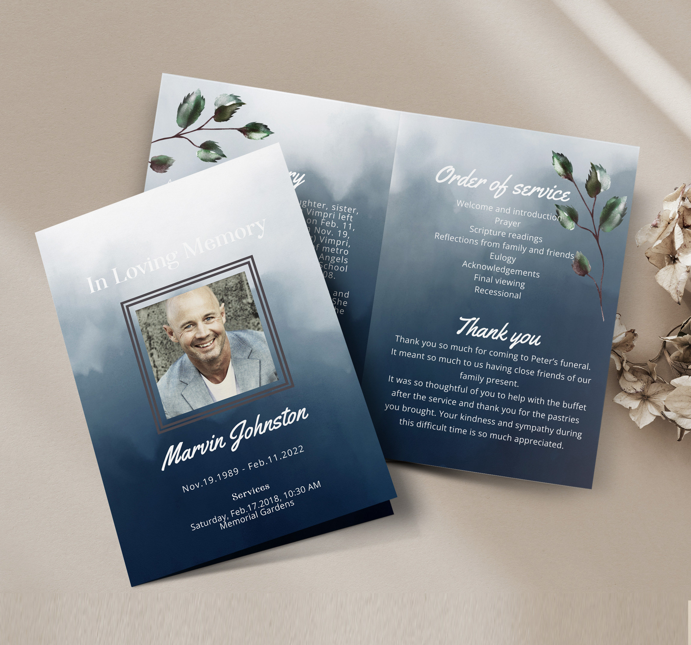 Editable Funeral Program Template Blue Funeral Service - Etsy