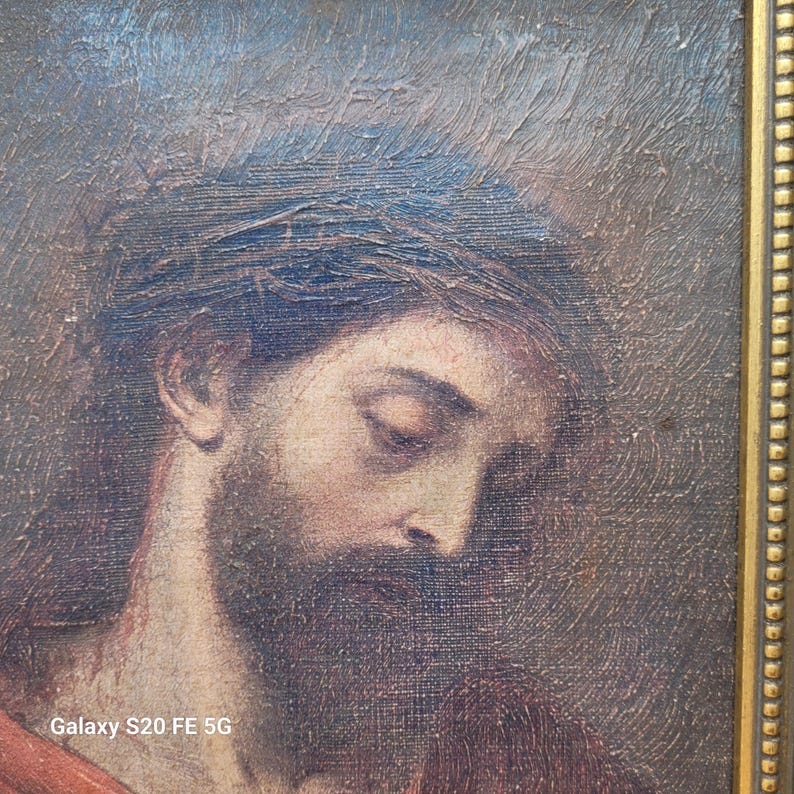 Antique Oil Painting on Original Canvas Jesus CHRIST Crown of Thorns ...