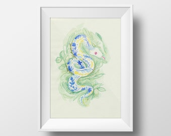 White Blue Floral Botanical Snake  - Animal Watercolor Painting Art Original - Peinture Aquarelle Originale Reptile
