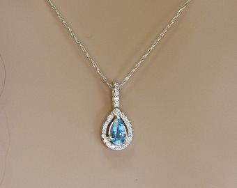 AQUAMARINE DIAMOND NECKLACE, Solid 14kt Gold, Jewelry gift, Aquamarine pendant, Gemstone jewelry, Bridal jewelry, Pear shape necklace