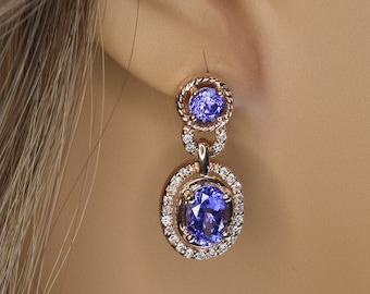 Natural Tanzanite and Diamond Dangle Earrings in 14k Gold | Fine Jewelry | Free Shipping | Tanzanite earrings | December Birthstone |