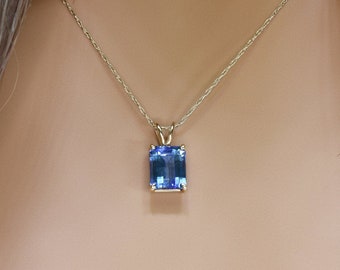 Emerald Cut Checker Board Tanzanite Pendant in 14k Gold | Solid 14k Gold | Fine Jewelry | Free Shipping