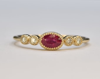 NATURAL RUBY RING, Diamond ruby gold ring, Birthday gift, Dainty ruby ring, Anniversary gift, Gift for wife, July birthstone, Ruby ring