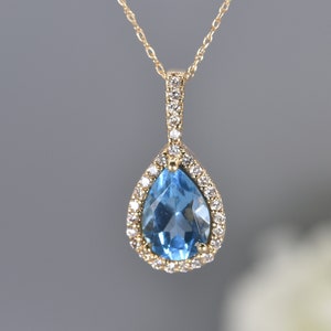 BLUE TOPAZ DIAMOND Necklace in 14kt Solid Gold, Fine Jewelry, Blue Topaz Pendant, Gemstone jewelry, Handmade gift, Jewelry gift