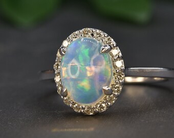 OPAL DIAMOND GOLD Ring, Opal engagement ring, October birthstone, Birthday gift for her, Gold Opal ring, Anniversary gift, Opal ring gold