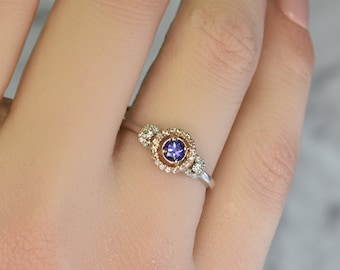 Round Tanzanite and Diamond Ring in 14k Two Tone Gold, Dainty Tanzanite ring, Tanzanite engagement ring, Anniversary gift for her