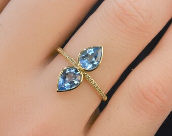 Multistone BLUE TOPAZ DIAMOND Gold ring, Bezel set ring, Birthstone ring, Birthday gift for her, Luxury gift for wife, Blue Topaz ring