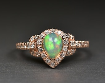Pear shape Opal and Diamond ring in 14kt gold | Engagement ring | Handmade Jewelry | Ethiopian Opal | Fire Opal | Gift for her | Dainty ring