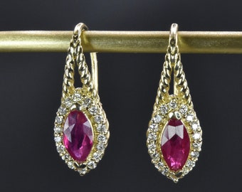 Pendientes de oro con diamantes y rubíes naturales, regalo de Navidad para ella, regalo de aniversario, pendientes de oro con rubíes, pendientes colgantes con rubíes, regalo de cumpleaños