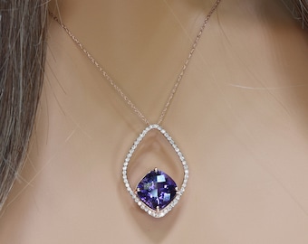 Natural Amethyst and Diamond Pendant in 14k Gold | Solid 14k Gold | Fine Jewelry | Free Shipping