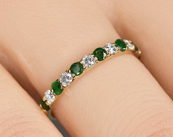EMERALD RING, Diamond Emerald ring, Emerald wedding band, Half eternity band, Gift for wife, Stacking ring, Natural emerald, Birthday gift