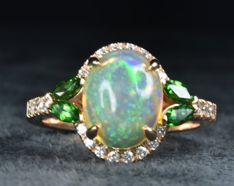 OPAL GARNET DIAMOND  Ring in 14k Gold , Valentines day gift, Opal Engagement ring, Multi stone ring , Jewelry gift for her, Tsavorite ring