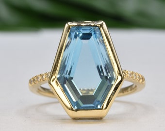 BLUE TOPAZ COFFIN ring, Cocktail ring, Diamond Blue topaz ring, Bezel solitaire ring, Birthstone ring, Anniversary gift for her, Luxury gift