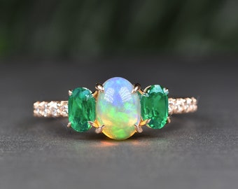 NATURAL EMERALD OPAL ring, Diamond emerald engagement ring, May birthstone, Gift for her, Anniversary gift, Opal engagement ring, Fire opal