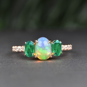 NATURAL EMERALD OPAL ring, Diamond emerald engagement ring, May birthstone, Gift for her, Anniversary gift, Opal engagement ring, Fire opal
