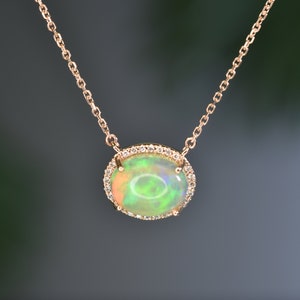 Opal and Diamond Necklace | Handmade necklace | Ethiopian Opal and Diamonds | Gift for her | Birthday gift | Opal pendant | Solid gold