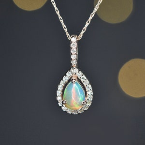 Opal and Diamond Gold Necklace, Fire Opal pendant, October birthstone, Birthday gift for her, Gold Opal necklace, Ethiopian Opal pendant
