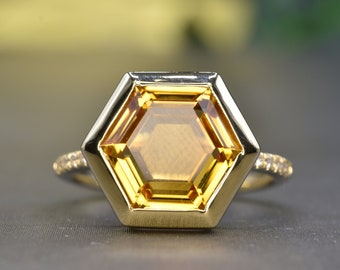 NATURAL CITRINE HEXAGON Gold Ring, 5ct Citrine ring, Diamond Citrine ring, Birthday gift, Gift for her, Anniversary gift, Valentines gift