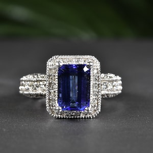 Extremely Rare Emerald Cut Tanzanite and Diamond ring in 14kt Solid Gold, Tanzanite engagement ring, Luxury gift for her, Anniversary gift