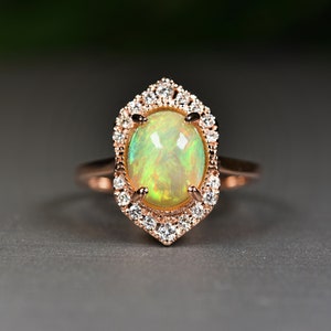 Vintage Oval Opal and Diamond ring | 14kt gold | Engagement ring | Handmade Jewelry | Ethiopian Opal | Gift for her | October Birthstone