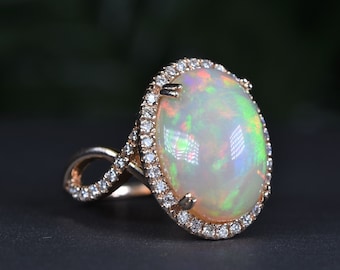 Extremely Rare Large Fire OPAL DIAMOND RING in 14kt Solid Gold, Opal Engagement ring, Luxury gift for her, Christmas gift, Oval Opal ring