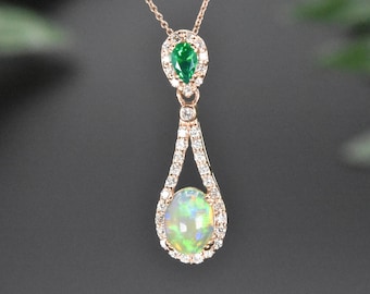 NATURAL EMERALD OPAL Diamond Gold necklace, Anniversary gift for her, Opal pendant, October birthstone, Gift for wife, Emerald gold pendant