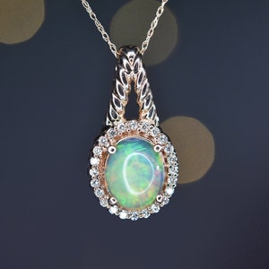 GOLD OPAL DIAMOND Necklace, Fire Opal pendant, October birthstone, Birthday gift for her, Oval Opal necklace, Anniversary gift for wife