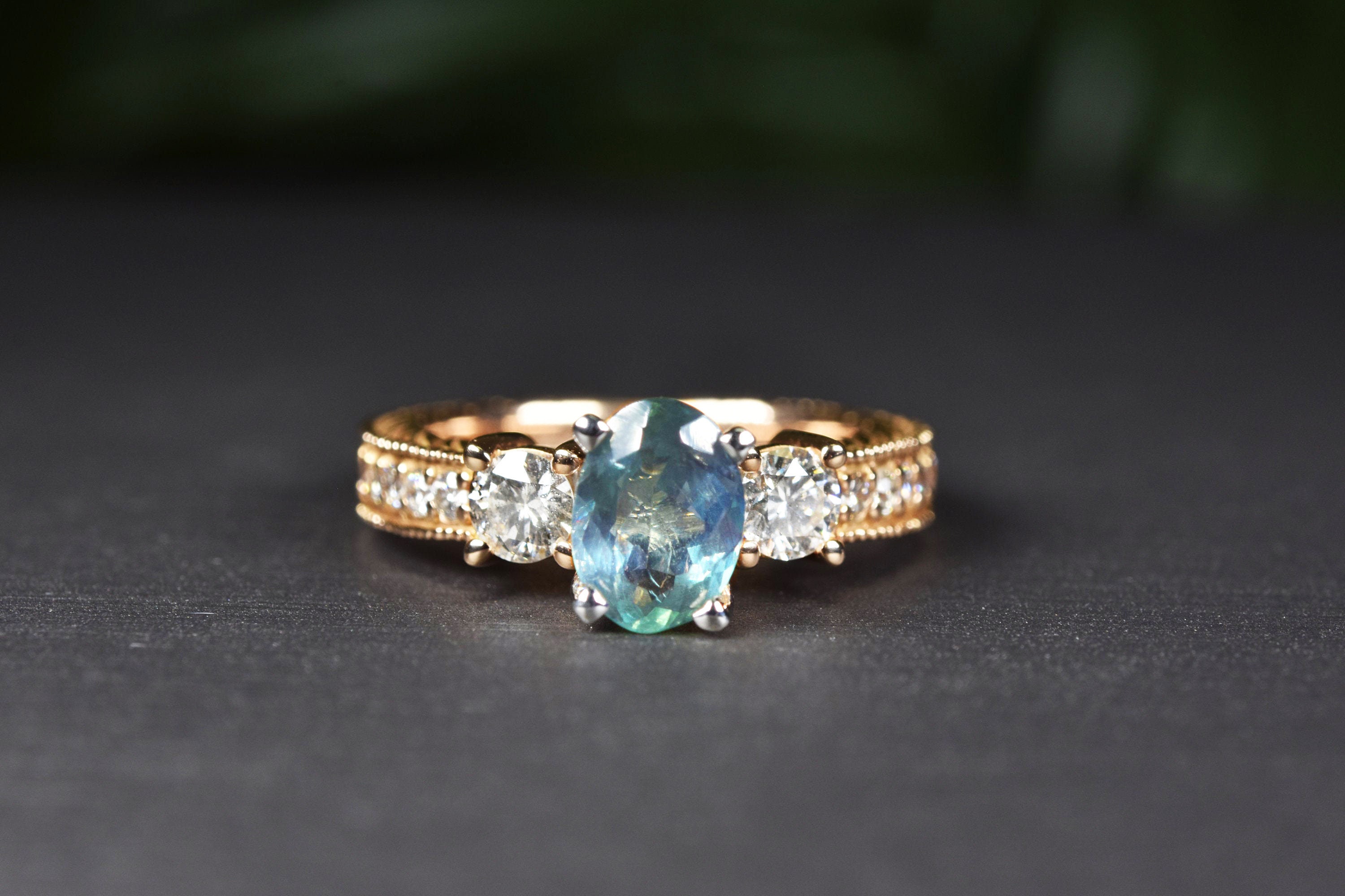 Vintage Natural Alexandrite and Diamond Ring 14kt Gold Engagement