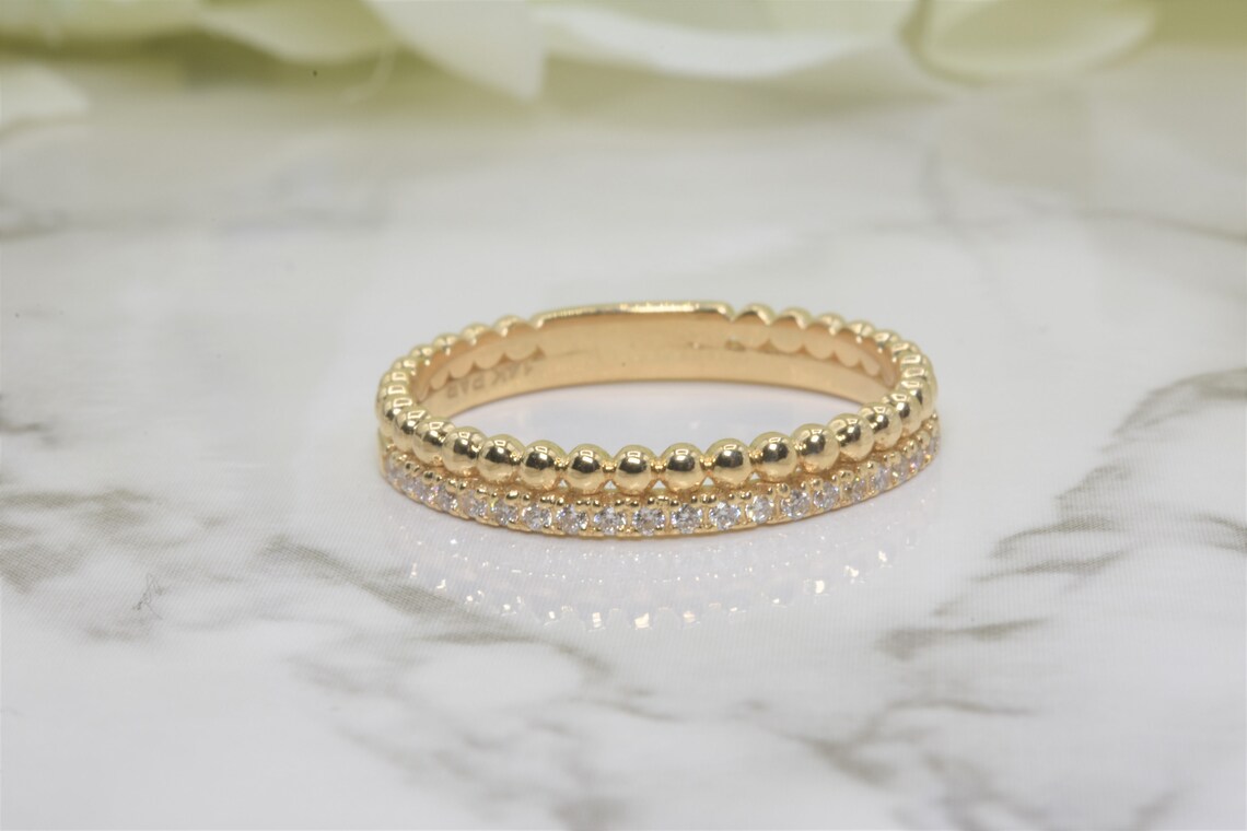 Beaded Diamond Ring in 14kt Gold Diamond Stackable Ring Etsy