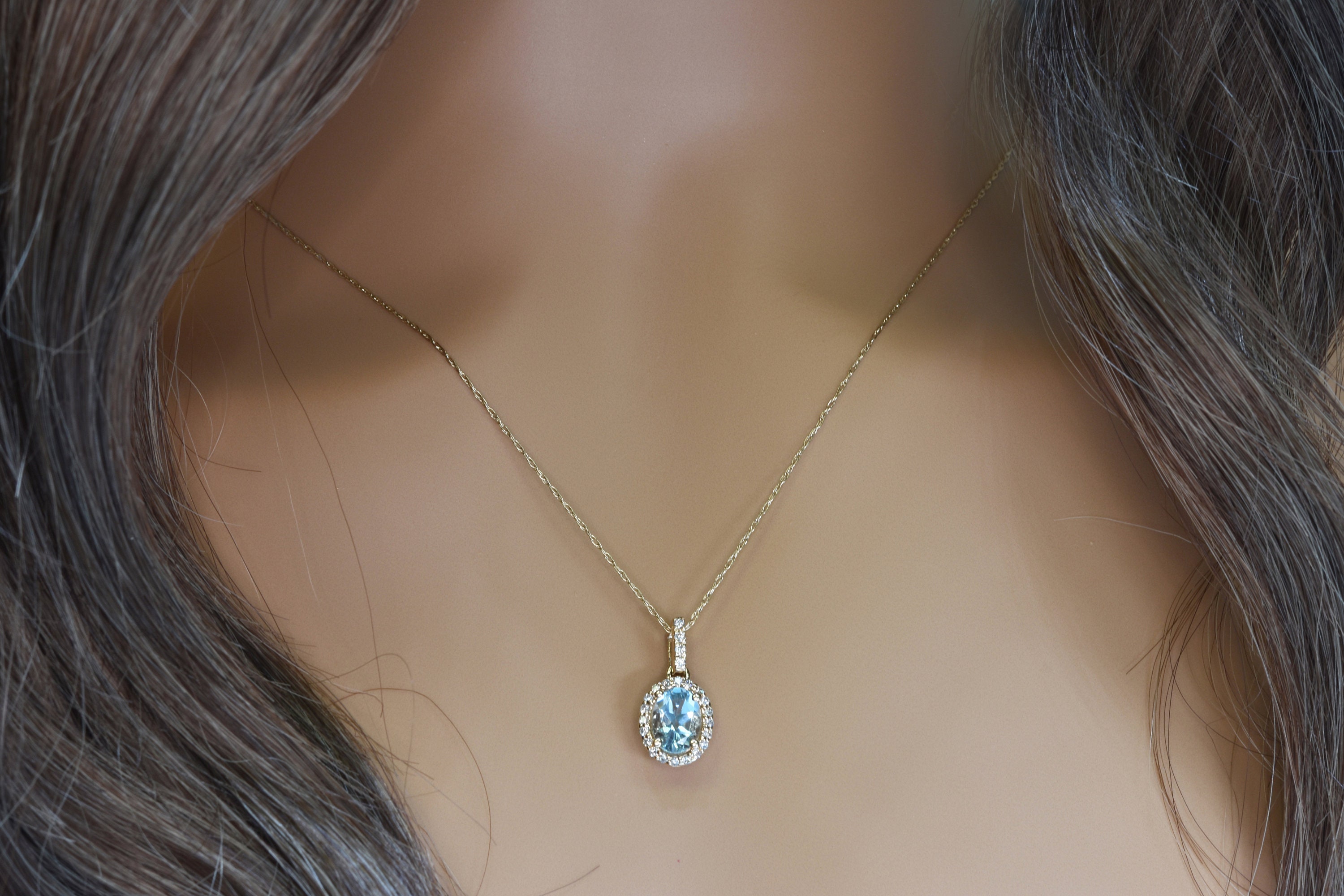 Aquamarine Diamond Gold Necklace, Jewelry Gift, Aquamarine Pendant, Holiday Diamond Necklace For Women, Anniversary Birthstone