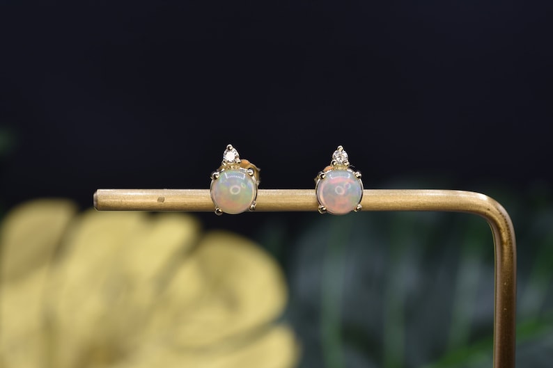 OPAL DIAMOND GOLD Earrings, Round Opal earrings, Christmas gift, OPAL DIAMOND GOLD Earrings, Round Opal earrings, Christmas gift,