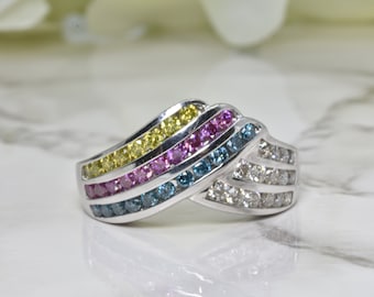 Multi Color Diamond Ring | Blue, Yellow, Pink and White Diamond ring in 14kt Gold | Colored Diamond ring | Fine Jewelry | Blue Diamond ring