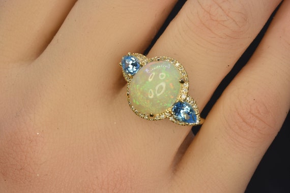 Opal Blue Topaz Diamond Gold Ring October Birthstone Ring Opal Engagement Ring Anniversary Gift Birthday Gift for Her Blue Topaz Ring Etsy