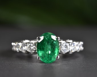 Emerald Engagement Ring, Emerald and Diamond Ring in 14k Gold, Solid Gold, Fine Jewelry, Free Shipping, May Birthstone, Colombian Emerald