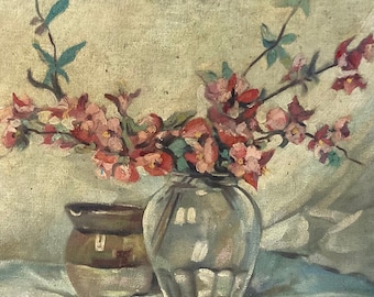 Antique French art. Chaenomeles. Cut blossom in a glass vase. Oil on canvas.