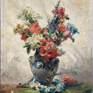 Wonderful vintage French vase of fresh cut flowers. Oil on canvas.