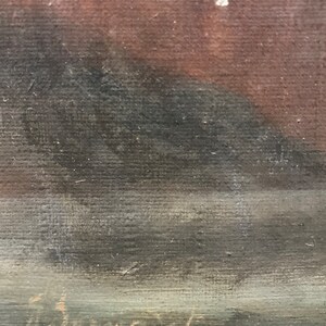 K&ouml;nnte beinhalten: Nahaufnahme eines dunkelbraunen und grauen Gem&auml;ldes mit einer Signatur unten rechts, die "G. De Coster" lautet.