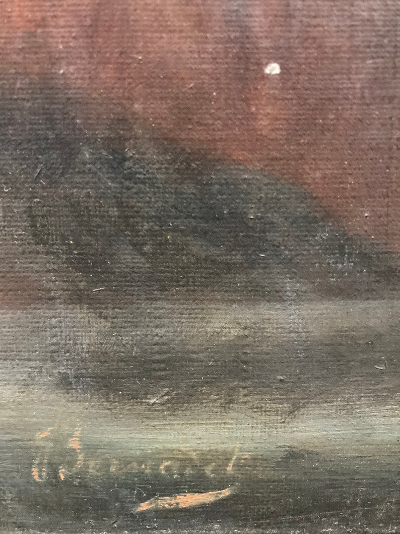 K&ouml;nnte beinhalten: Nahaufnahme eines dunkelbraunen und grauen Gem&auml;ldes mit einer Signatur unten rechts, die "G. De Coster" lautet.